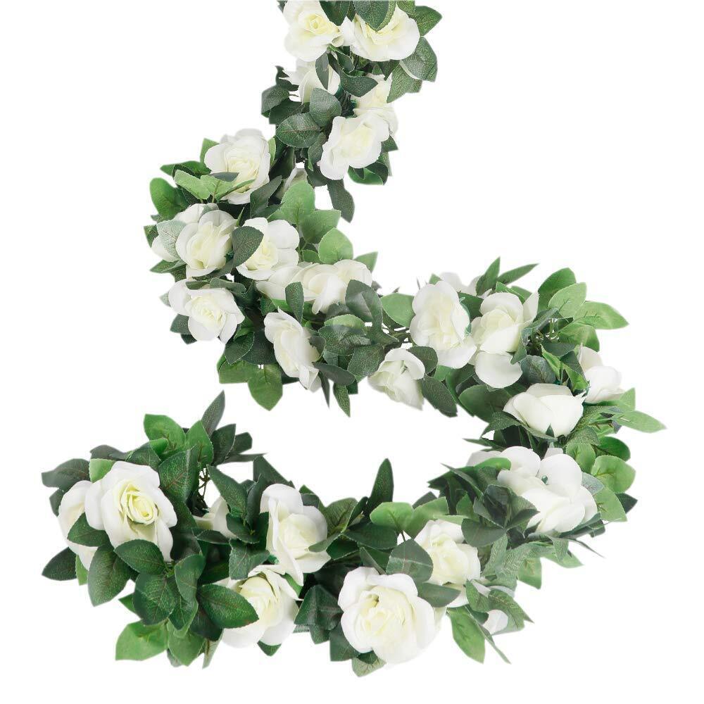 White Rose and Green Leaf Faux Floral Garland - Elegant Home Accents